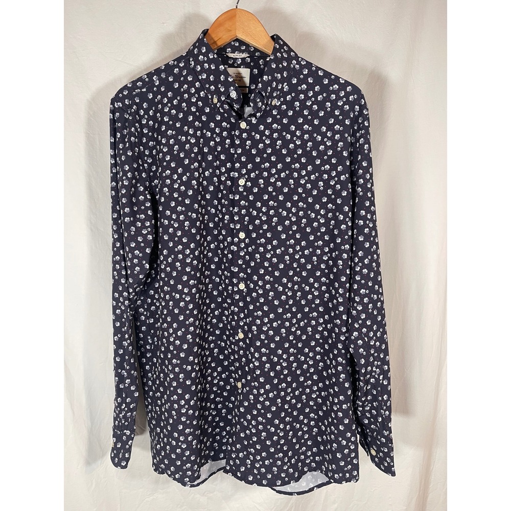 Ben Sherman Tailoring Mens Slim Fit Floral Button Up Shirt Navy Blue Stretch L